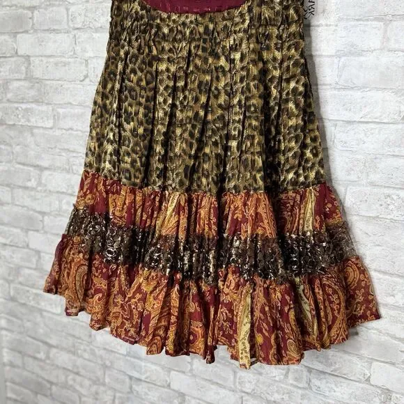 Sandy Starkman Multi-Color Patterned Maxi Skirt Tiered Beaded Shells Size M Boho